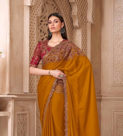 Mustard Gold Cocktail Party Wear Readymade Saree