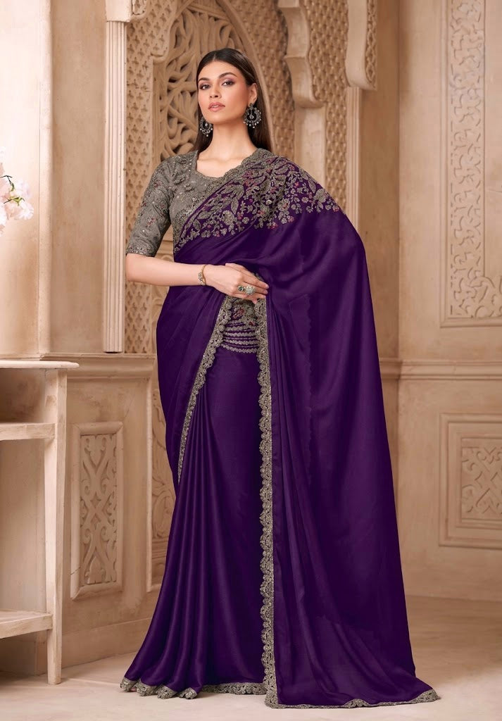 Royal Purple Cocktail Party Wear Readymade Saree - Panaash Saree
