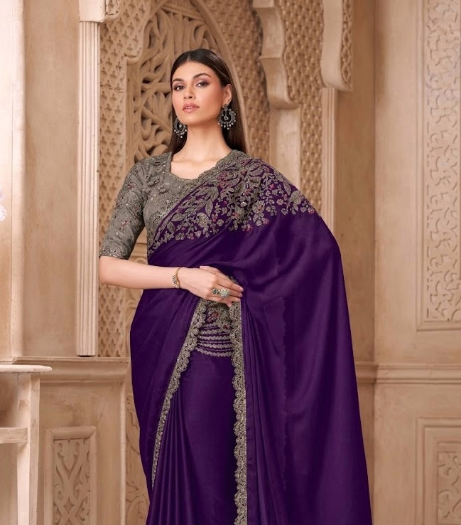 Royal Purple Cocktail Party Wear Readymade Saree - Panaash Saree
