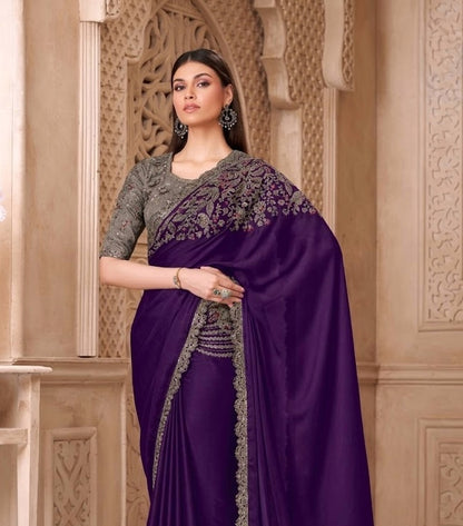 Royal Purple Cocktail Party Wear Readymade Saree - Panaash Saree