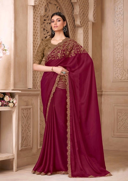 Wine Red Cocktail Party Wear Readymade Saree - Panaash Saree
