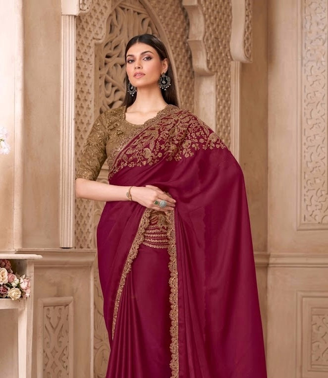 Wine Red Cocktail Party Wear Readymade Saree - Panaash Saree