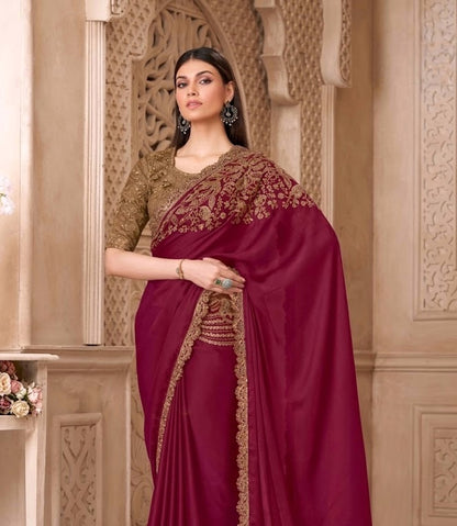 Wine Red Cocktail Party Wear Readymade Saree - Panaash Saree