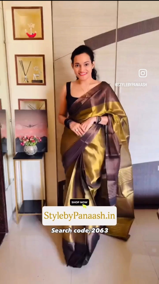 Olive Gold Plain Tissue Silk Readymade/Easy Saree - Panaash Saree