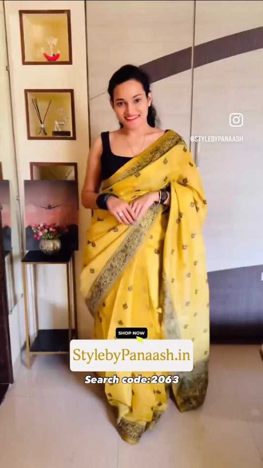 Yellow Linen Tissue Readymade/Easy Saree - Panaash Saree
