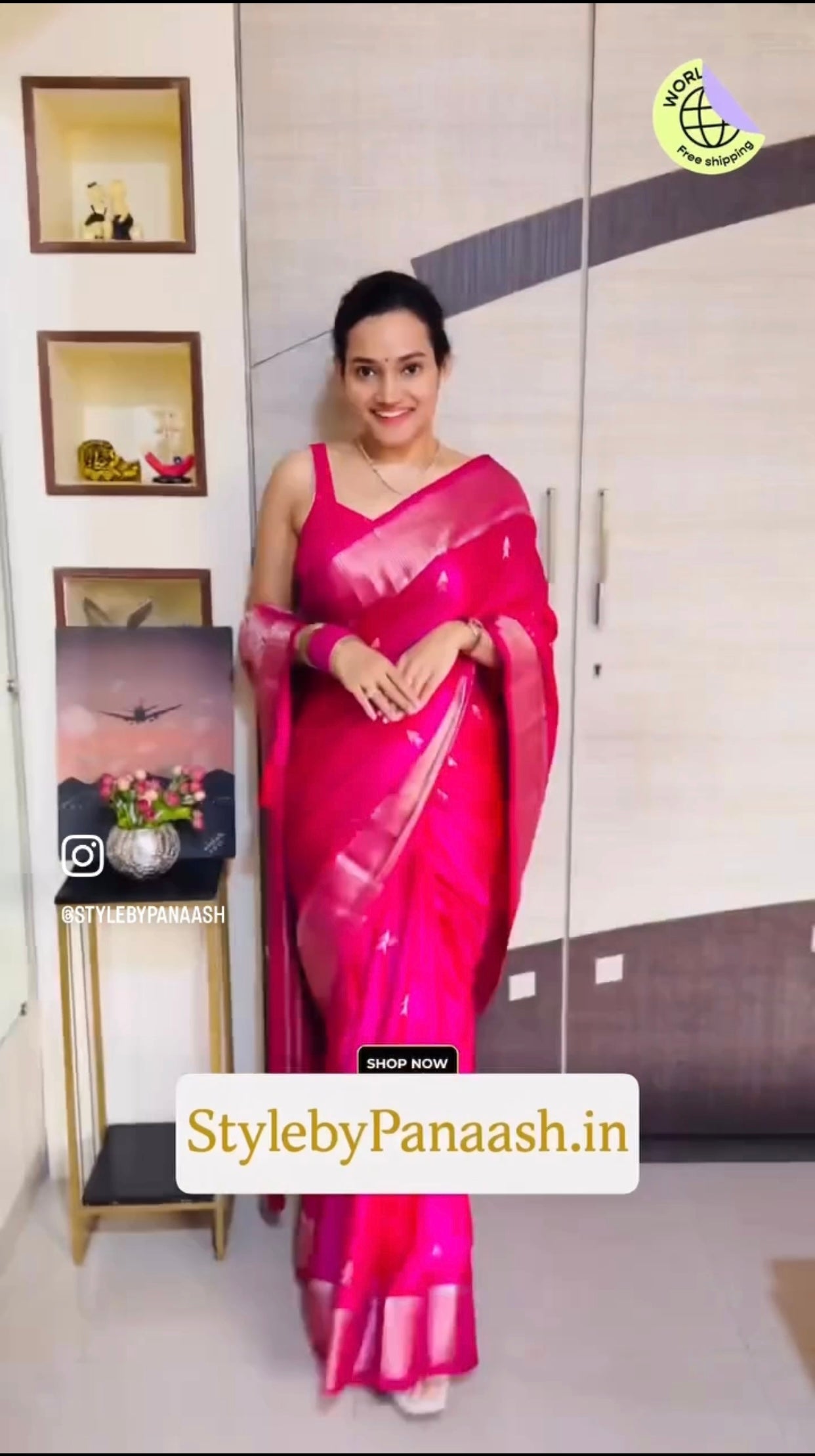 Pink Satin Silk Readymade/Easy Saree - Panaash Saree