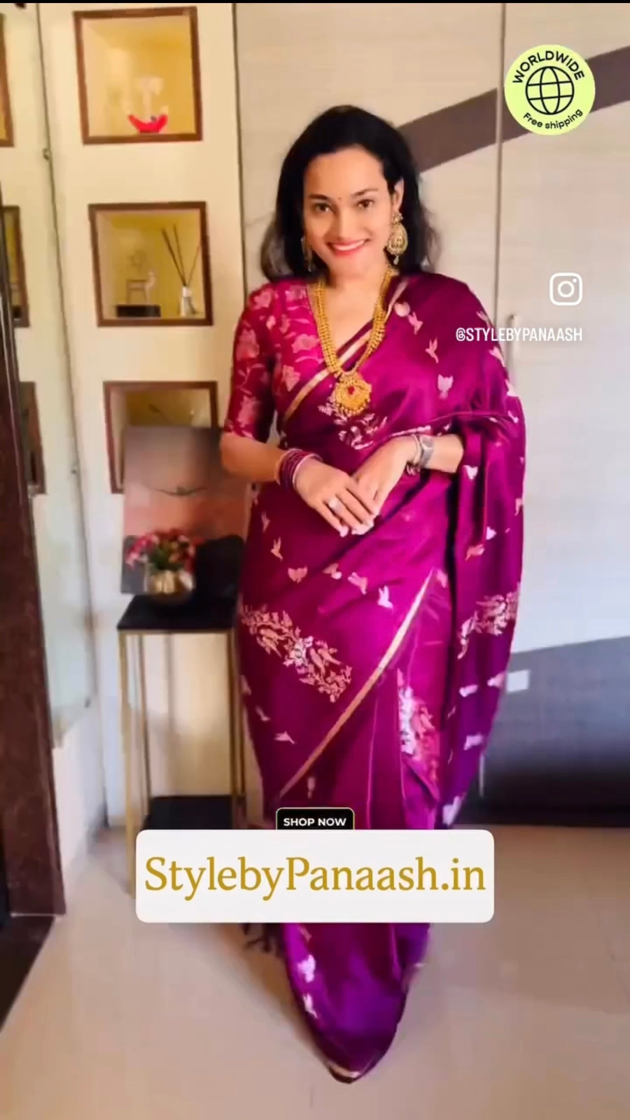 Magenta Satin Silk Readymade/Easy Saree - Panaash Saree