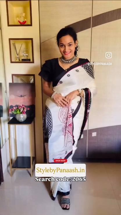 Black & White Crepe Silk Readymade/Easy Saree - Panaash Saree