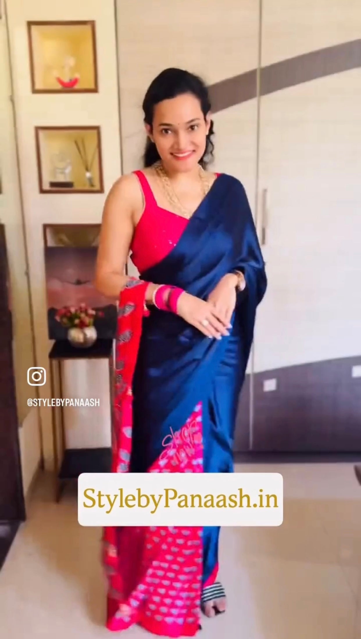Navy Blue & Bright Pink Crepe Silk Readymade/Easy Saree - Panaash Saree