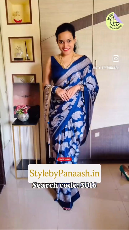 Navy Blue & Beige Crepe Silk Readymade/Easy Saree - Panaash Saree