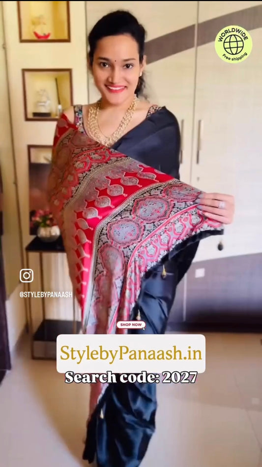 Black Crepe Silk Readymade/Easy Saree - Panaash Saree