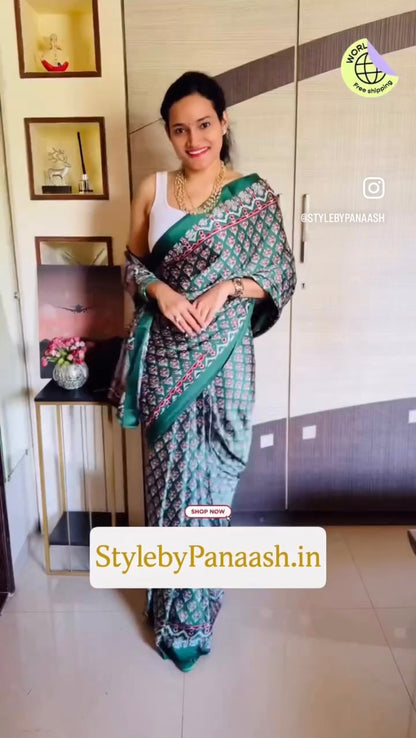 Green Crepe Silk Readymade/Easy Saree - Panaash Saree