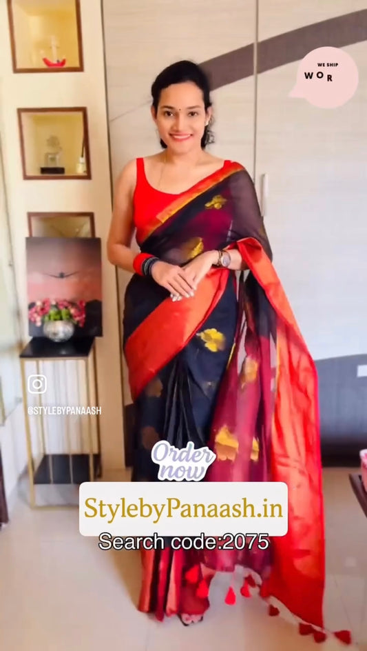 Black Mul Cotton Ready To Wear/Easy Saree - Panaash Saree