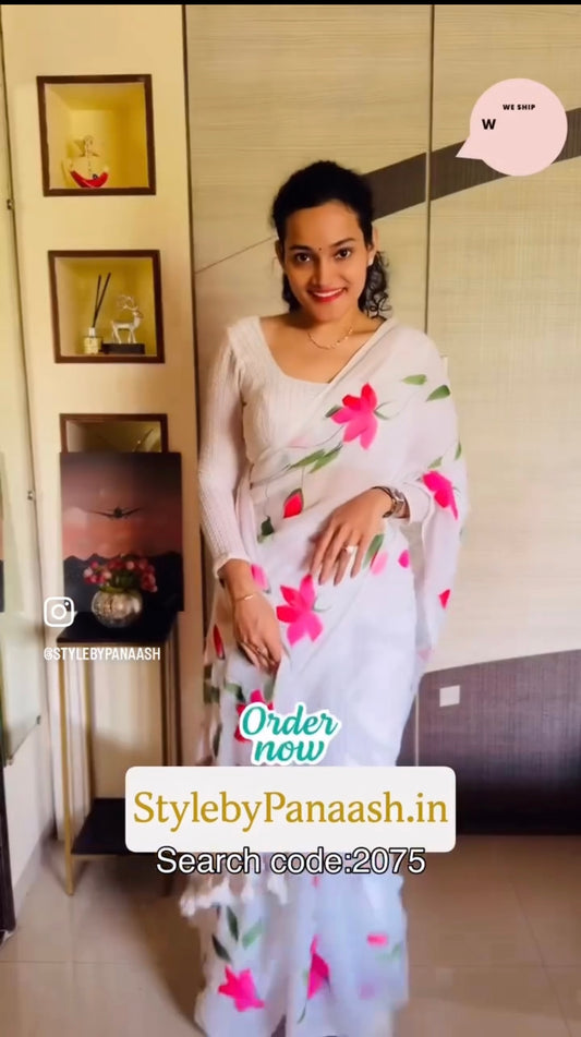 White Mul Cotton Ready To Wear/Easy Saree - Panaash Saree