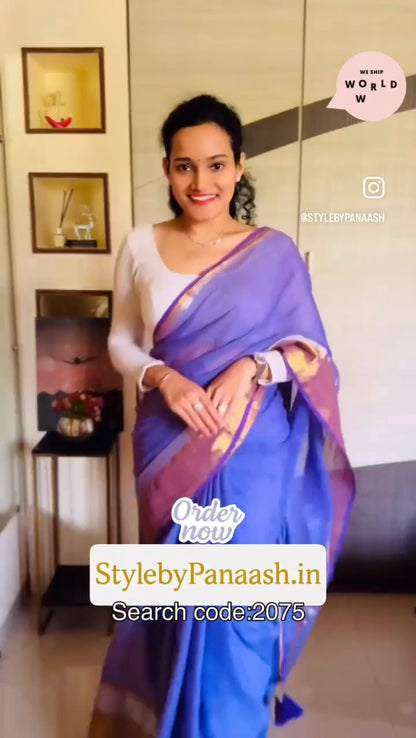 Powder Blue Cotton Ready To Wear/Easy Saree - Panaash Saree