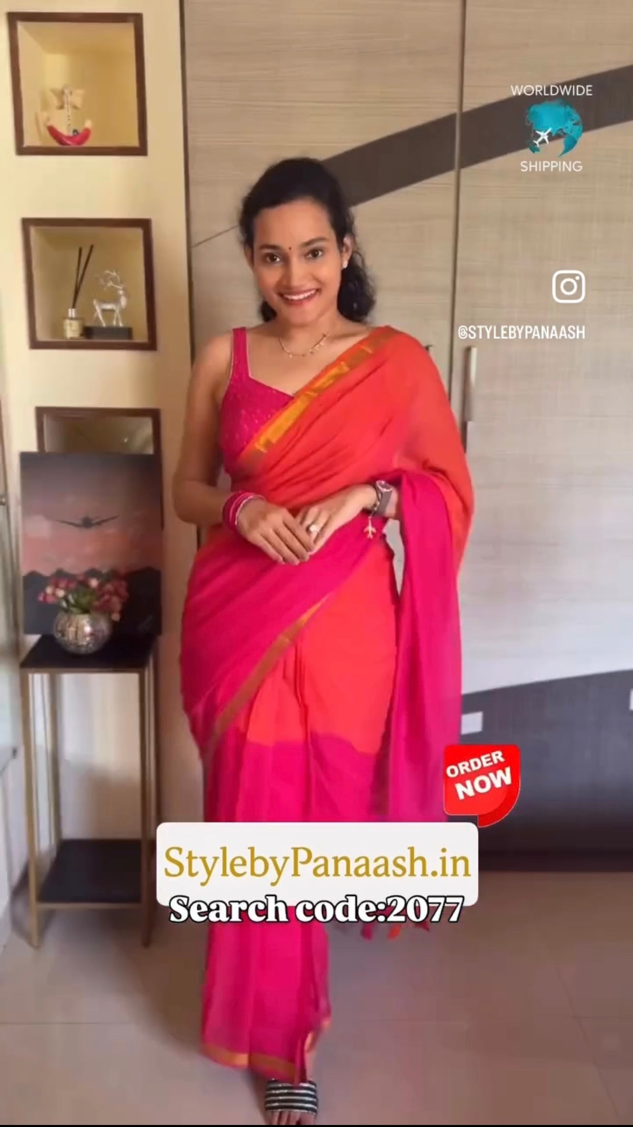 Bright Pink & Orange Mul Cotton Ready To Wear/Easy Saree
