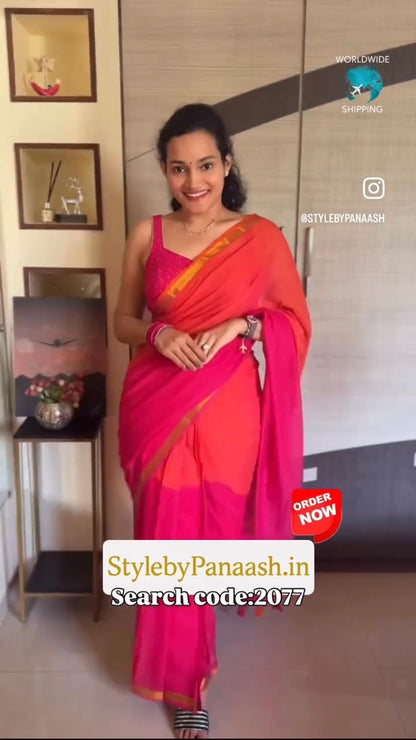 Bright Pink & Orange Mul Cotton Ready To Wear/Easy Saree