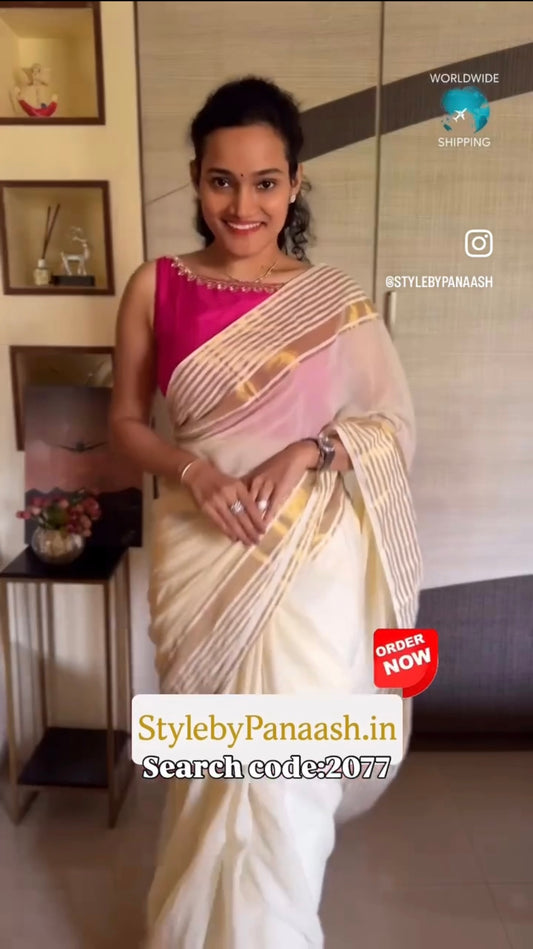 Off-White Mul Cotton Ready To Wear/Easy Saree