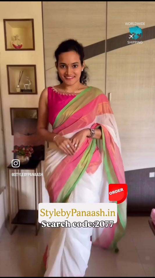 Off White Mul Cotton Ready To Wear/Easy Saree