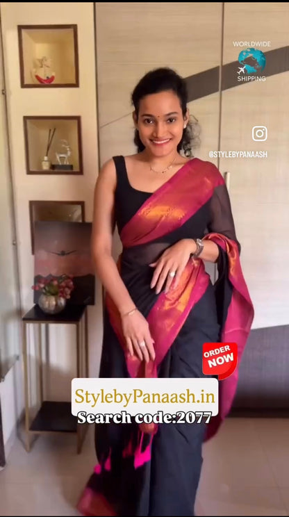 Black Mul Cotton Ready To Wear/Easy Saree