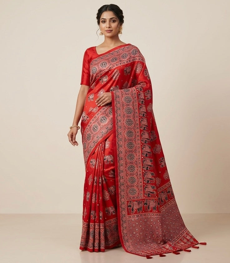 Red Mirror Crepe Silk Ready To Wear/Easy Saree