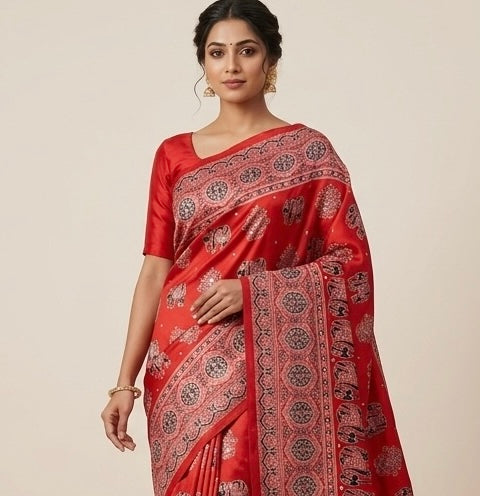 Red Mirror Crepe Silk Ready To Wear/Easy Saree