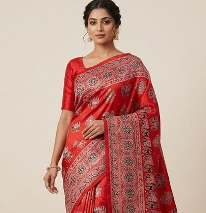 Red Mirror Crepe Silk Ready To Wear/Easy Saree