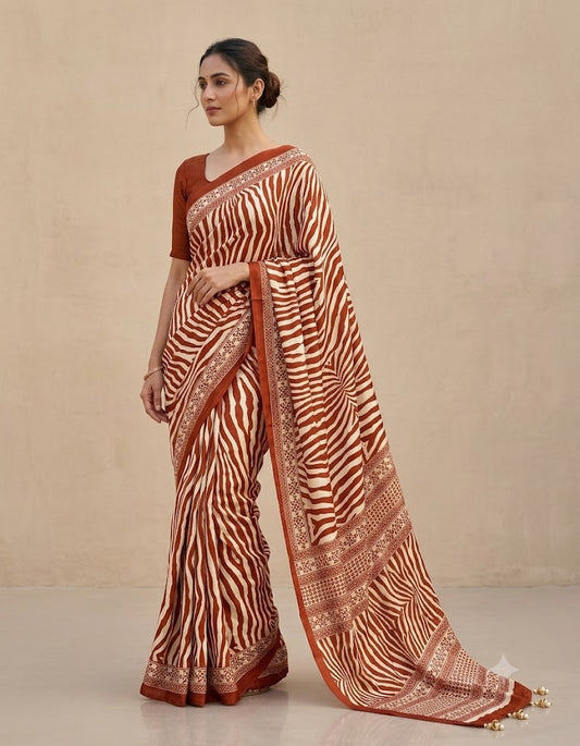 Brown Crepe Silk Ready To Wear/Easy Saree
