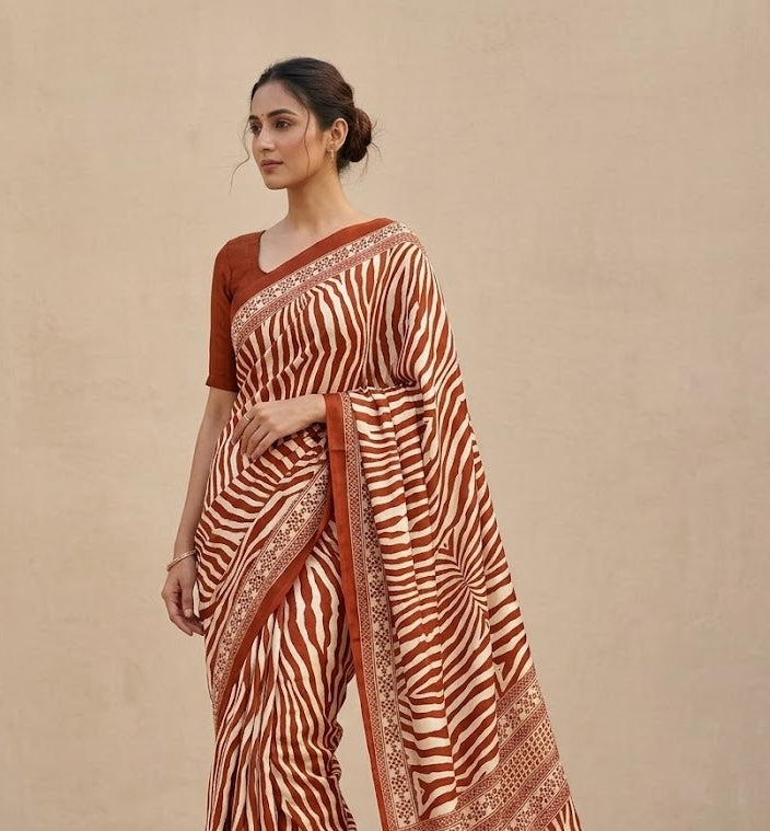 Brown Crepe Silk Ready To Wear/Easy Saree