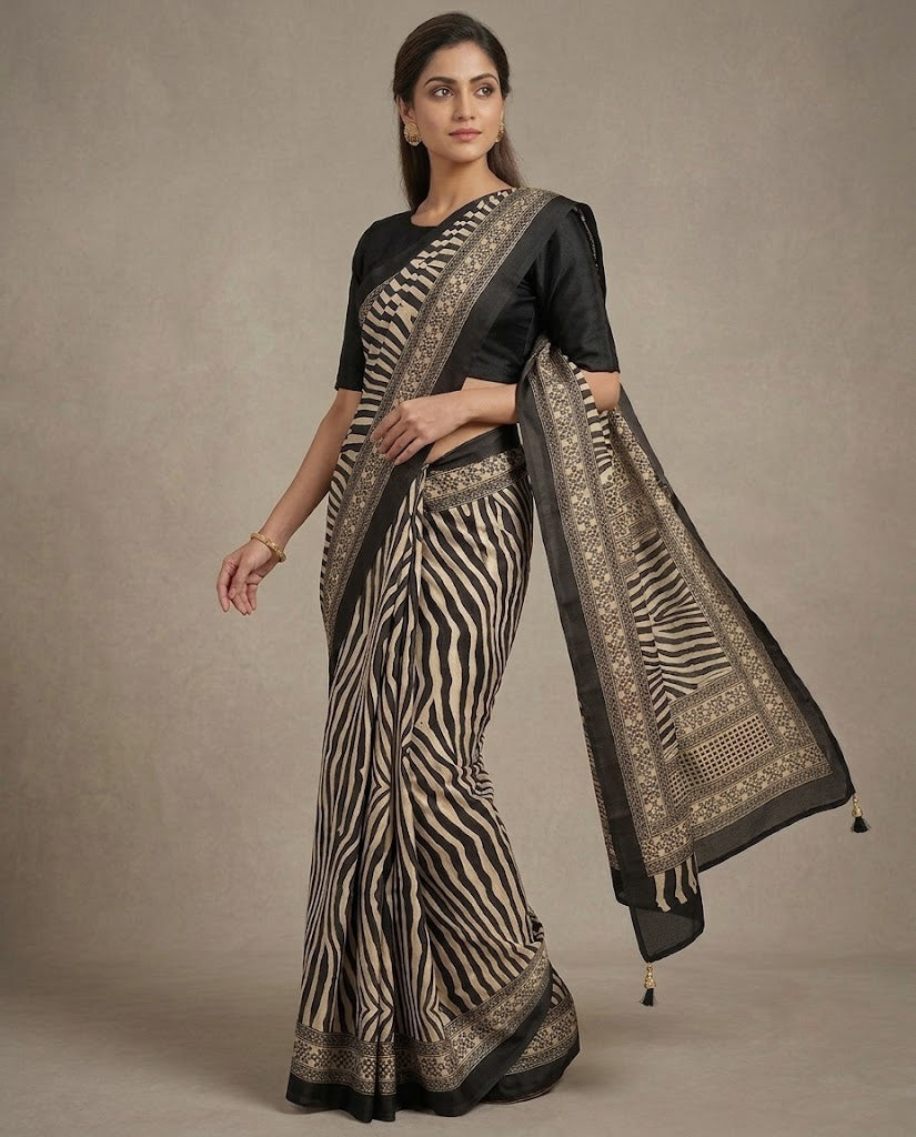 Black Crepe Silk Ready To Wear/Easy Saree