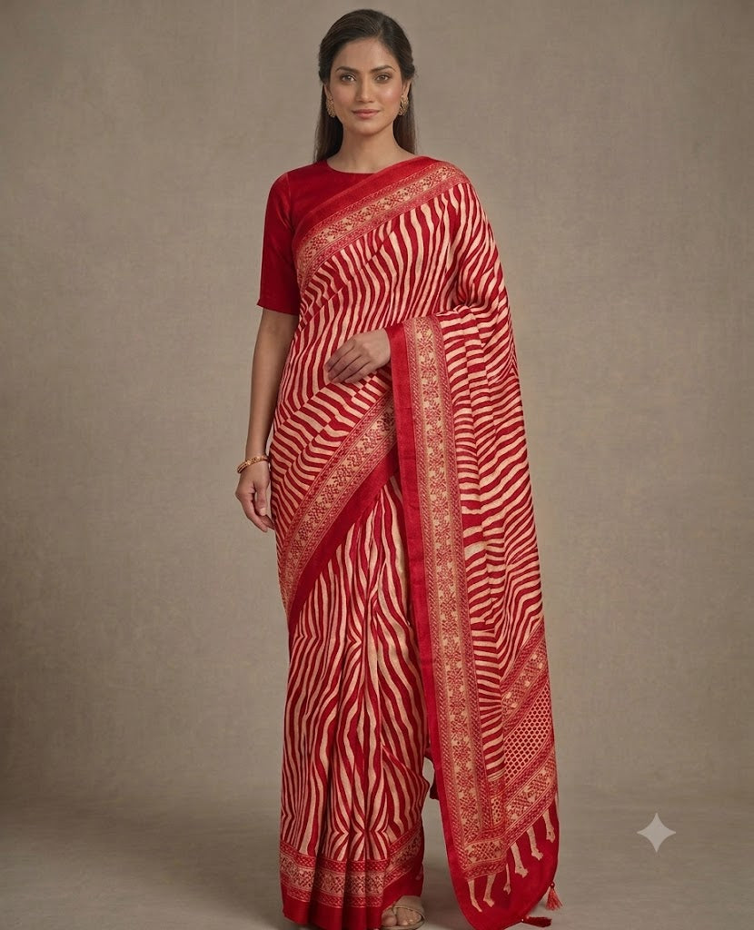 Red Crepe Silk Ready To Wear/Easy Saree
