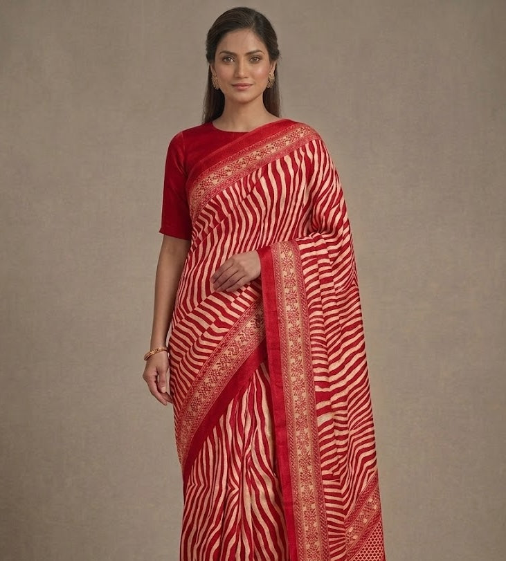 Red Crepe Silk Ready To Wear/Easy Saree