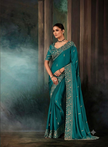 Teal Green Designer Silk Ready To Wear/Easy Saree