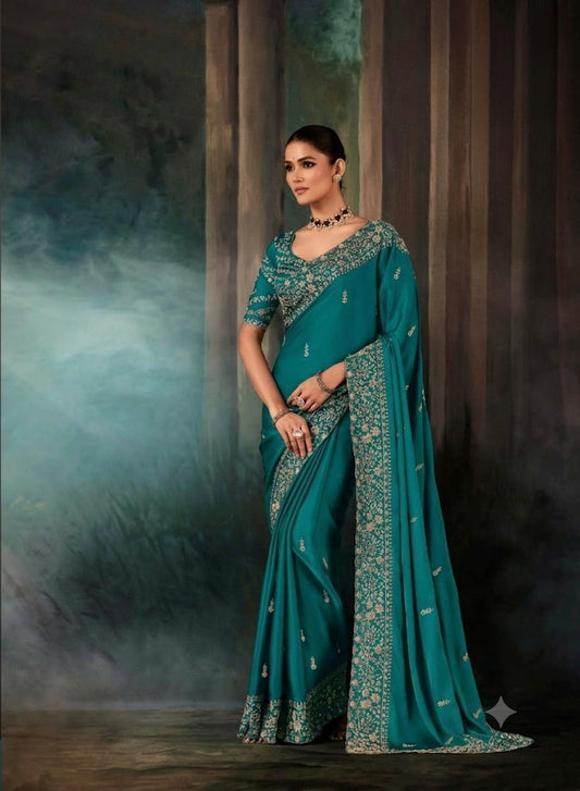 Teal Green Designer Silk Ready To Wear/Easy Saree - Panaash Saree