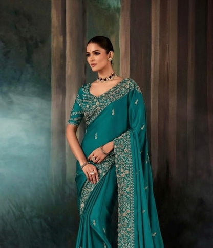 Teal Green Designer Silk Ready To Wear/Easy Saree