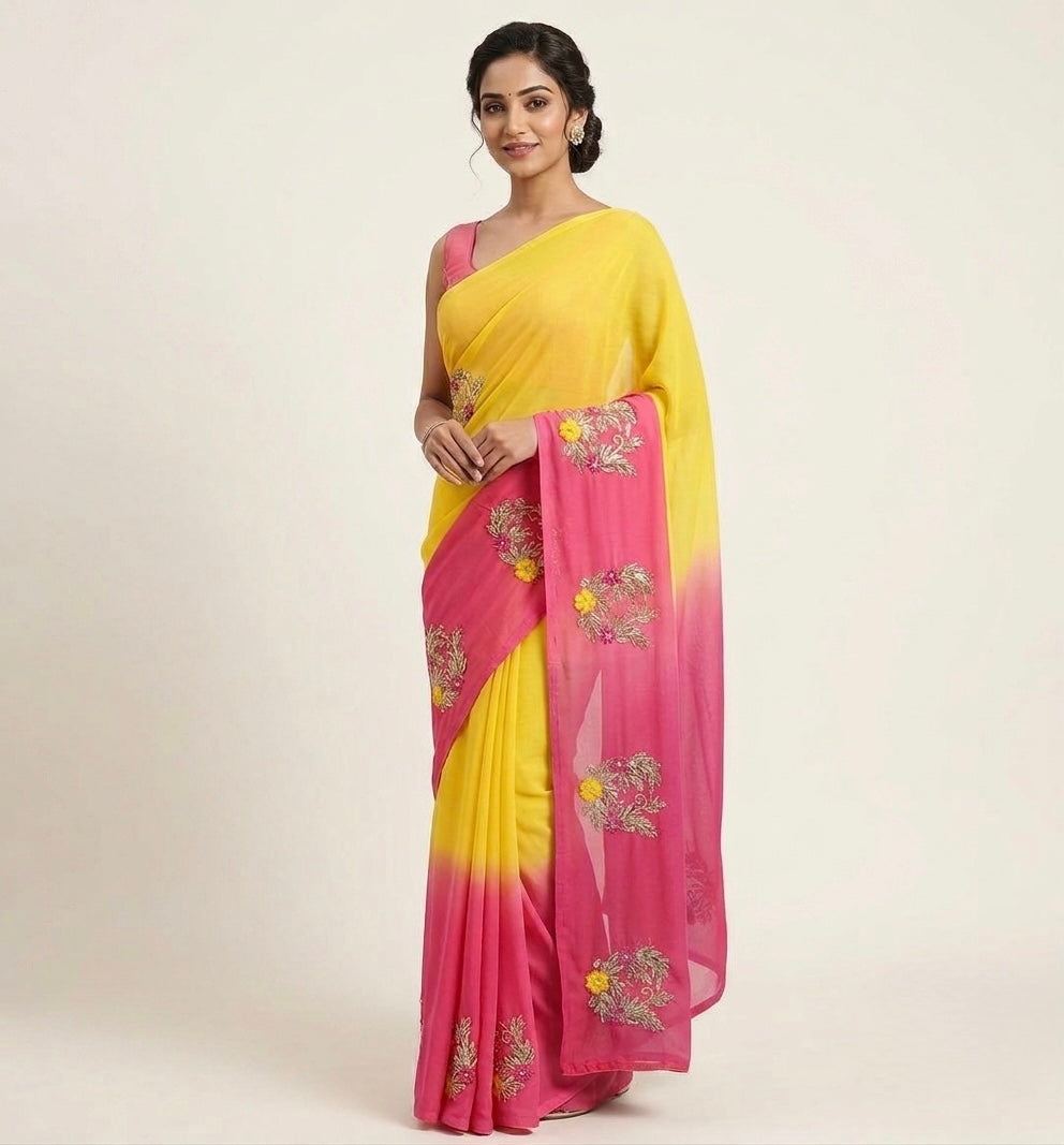 Yellow & Pink Chiffon Ready To Wear/Easy Saree