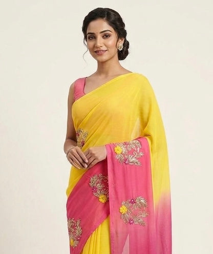 Yellow & Pink Chiffon Ready To Wear/Easy Saree