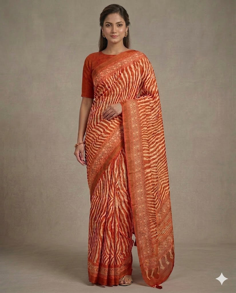Orange Crepe Silk Ready To Wear/Easy Saree