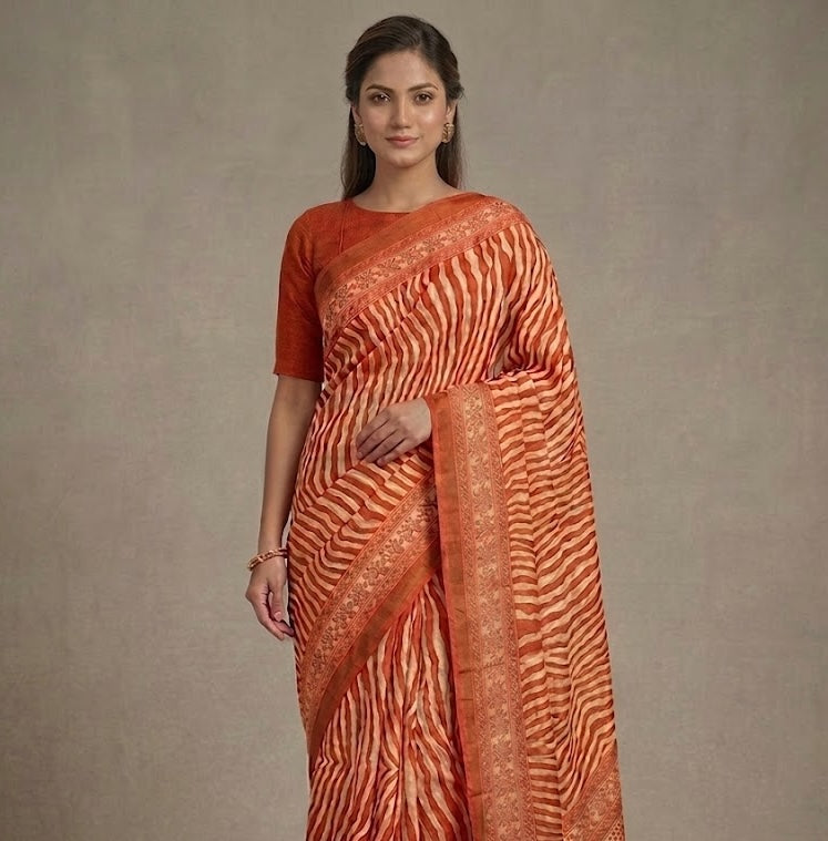 Orange Crepe Silk Ready To Wear/Easy Saree