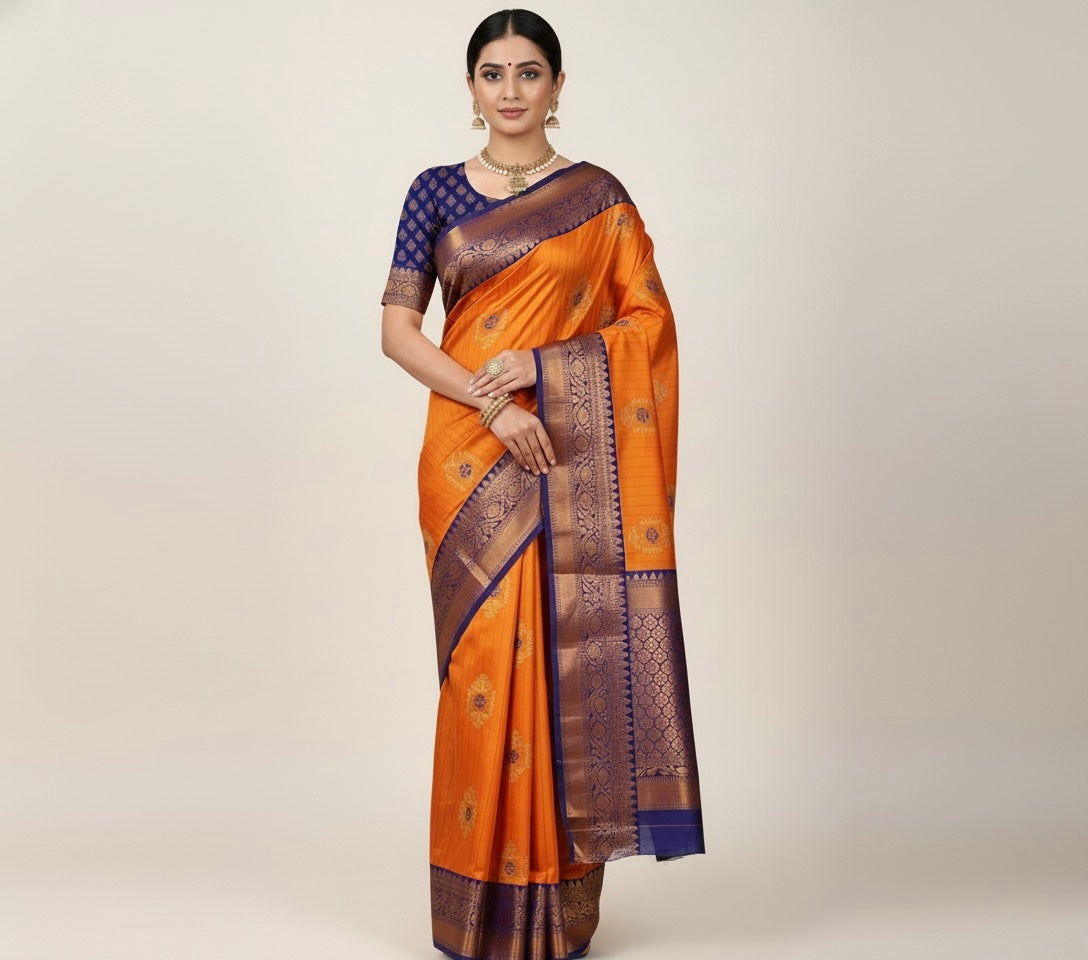 Orange Kanjivaram Silk Readymade/Easy Saree