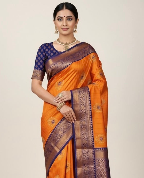 Orange Kanjivaram Silk Readymade/Easy Saree