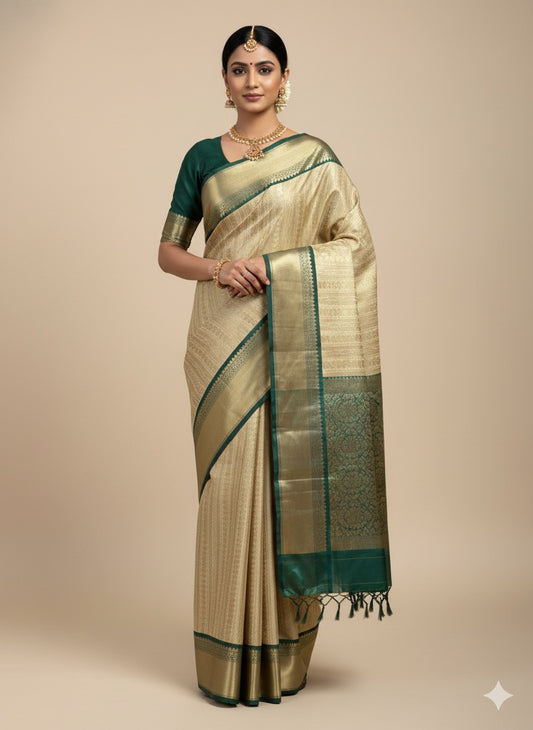 Golden & Green Tissue Silk Readymade/Easy Saree