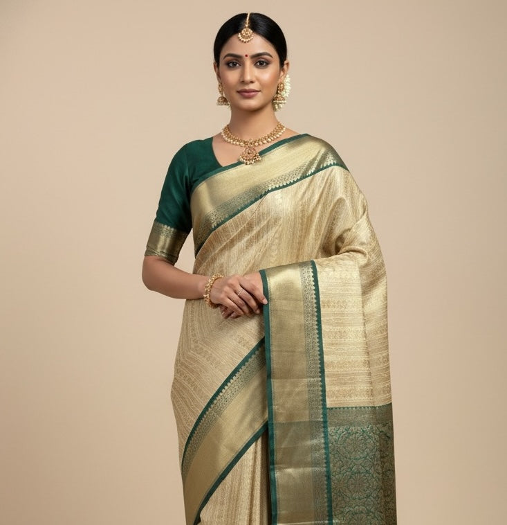 Golden & Green Tissue Silk Readymade/Easy Saree