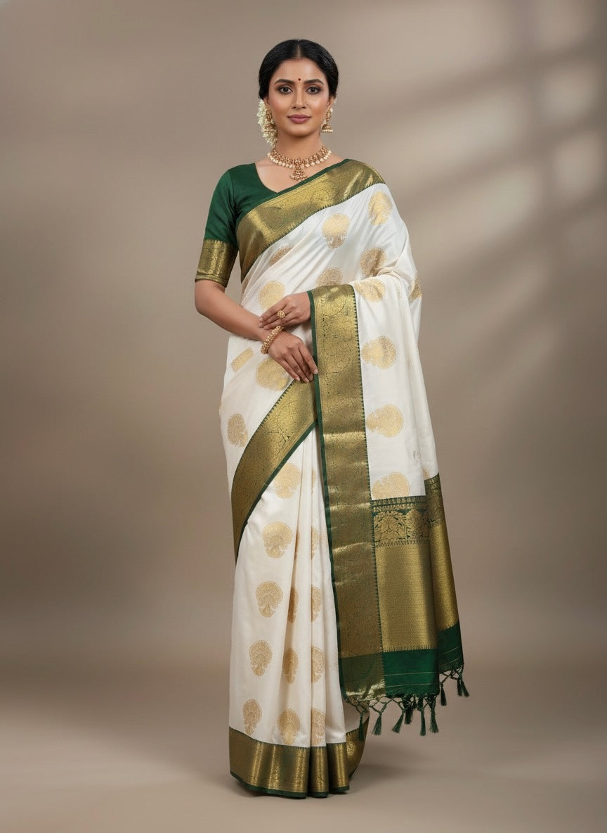 White & Green Kanjivaram Silk Readymade/Easy Saree