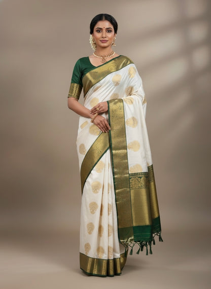 White & Green Kanjivaram Silk Readymade/Easy Saree