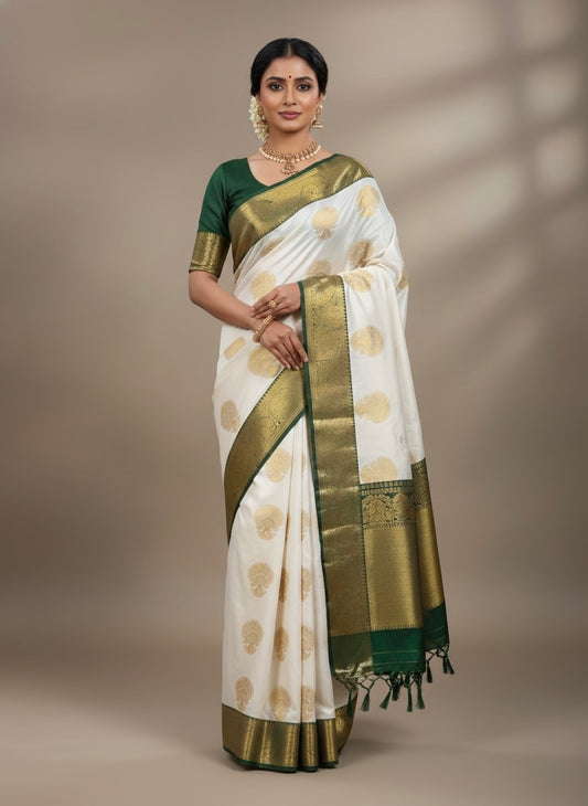 White & Green Kanjivaram Silk Readymade/Easy Saree