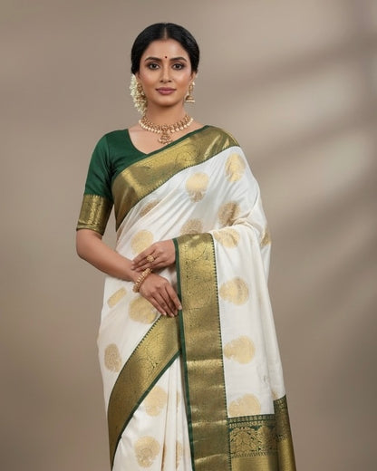 White & Green Kanjivaram Silk Readymade/Easy Saree