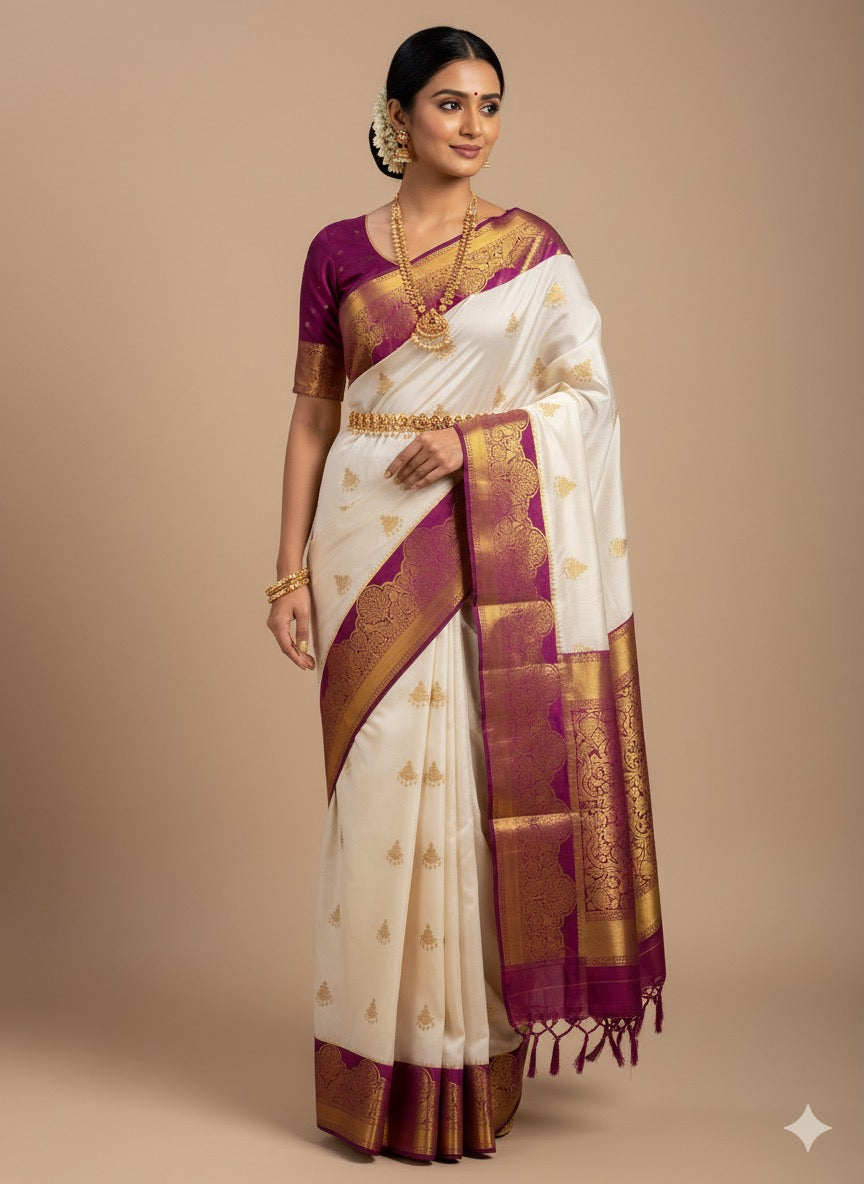 White & Magenta Kanjivaram Silk Readymade/Easy Saree