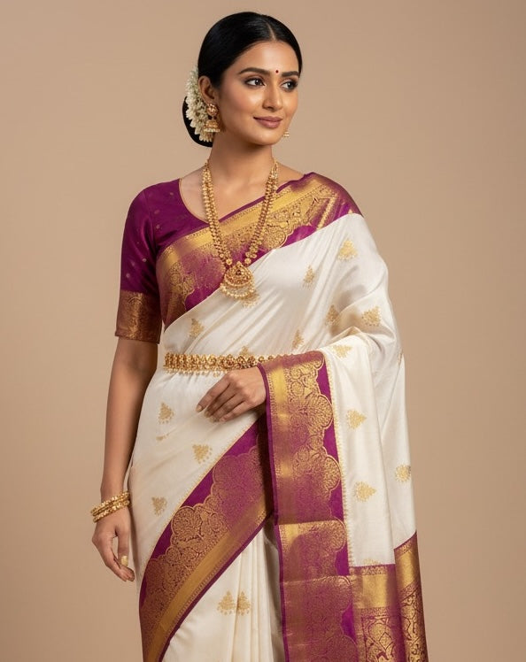 White & Magenta Kanjivaram Silk Readymade/Easy Saree