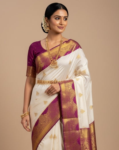 White & Magenta Kanjivaram Silk Readymade/Easy Saree